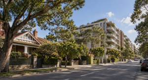 Artist’s illustration of the contrast between Roseville’s established residential streets and higher-density apartment development. This image does not depict the approved Lord Street development.